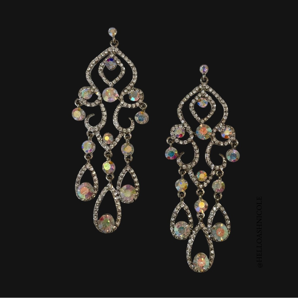 Elegant Silver Aurora Borealis Rhinestone Chandelier Earrings